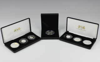 A 2021 commemorative coin set Solomon Islands 5 dollars, a 1 dollar and 1 dollar, a ditto 2023 set 5 dollars, 1 dollar and 1 dollar together with a 95th Birthday of Her Majesty The Queen silver 5 pound proof coin, all cased 