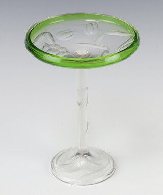 Moser Karlsblad, a green and white glass tazza decorated with stylised flowers 22cm 