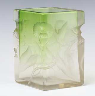 Moser Karlsblad, a diamond shaped green and white glass vase decorated with stylised flowers 18cm 