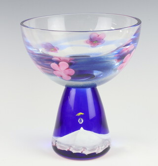 A large Caithness Crystal glass bowl decorated with spring flowers, engraved Fantasia Centrepiece, no.39 of 500, by Helen McDonald 20cm 