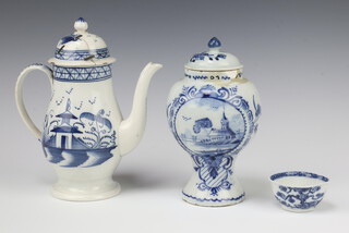 A 19th Century cream ware baluster coffee pot decorated in the chinoiserie style 23cm, together with a ditto baluster vase decorated with landscape scenes and lid 20cm 