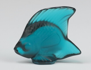 A Lalique turquoise glass fish 5.5cm, with etched lower case marks, boxed