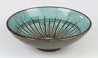 A Barbara Cass Studio Pottery bowl, the turquoise ground with sunburst decoration 18cm 