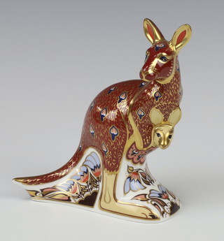 A Royal Crown Derby  Imari pattern paperweight - kangaroo and baby, gold stopper, 15cm 