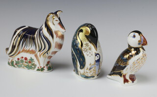 A Royal Crown Derby Imari pattern paperweight - rough collie with gold stopper 14.5cm, ditto penguin with silver stopper 13cm and ditto puffin 12cm 