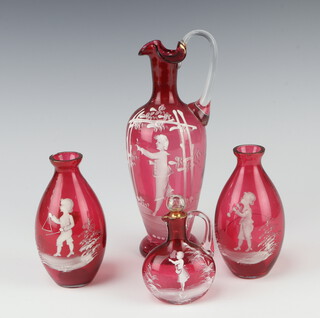 A Mary Gregory style pink ewer decorated with a boy 21cm, a ditto scent bottle 10cm and a pair of vases 12cm 