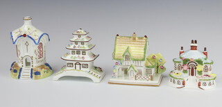 Four Coalport cottages - Pagoda House 10cm, The Master's House 9.5cm, The Toll House 12cm and Keeper's Cottage 9cm 