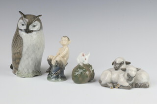 A Danish figure of an owl 2999 13cm, a Royal Copenhagen group of 2 lambs 2769 4cm, a mouse 511 3cm and a faun 1738 8cm 