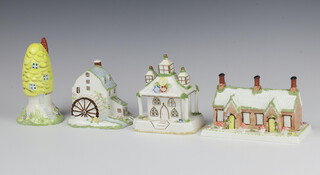 Four Coalport cottage pastel burners - Park Lodge 12cm, The Almshouses 9cm, The Water Mill 9.5cm and The Toadstool House 14cm 