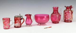 A Victorian ruby glass jug decorated flowers 16cm, 2 other jugs, a bowl, salt and tankard 