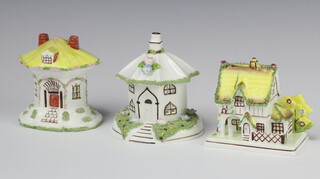 Three Coalport cottage Staffordshire pastel burners - The Master's House 10cm, The Umbrella House 11cm and Thatched Cottage 10cm 