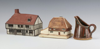 A John Leach Studio pottery jug 11cm, a Rye Pottery ceramic building and 1 other ceramic building  12cm and 15cm  