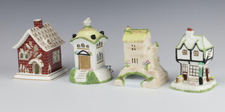 Four Coalport Staffordshire pastel burners - Bridge House 10cm, Dove Cote 13cm, The Old Curiosity Shop 11cm and Red House 11cm 