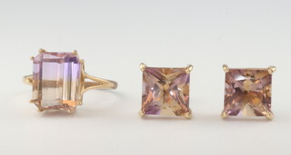 A 9ct yellow gold quartz dress ring size P 1/2, a pair of ditto ear studs 6.7 grams gross 