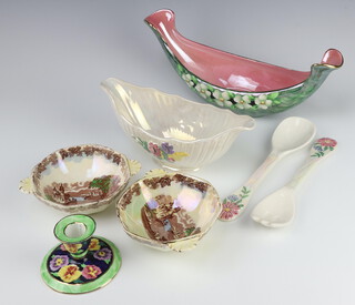 A Maling shallow dish decorated with flowers 6603 33cm, a ditto dish 23cm, a pair of servers, candlestick and 2 bowls