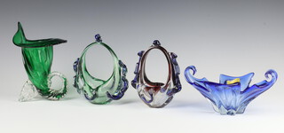 A Murano glass free form bowl 20cm, a lily shaped vase and 2 baskets  