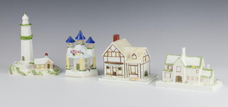 Four Coalport cottages pastel burners - Barley Sugar House 12cm, Country Railway Station 8cm, The Light House 14cm and The Provision Shop 11cm 