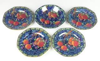 Four Maling lustre octagonal plates decorated with fruits 3449 22cm (2 plates cracked) together with a bowl chipped)