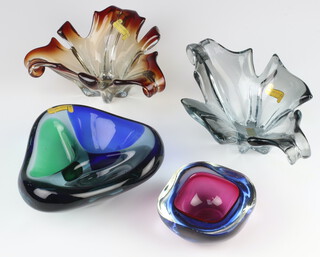 A Murano glass 3 section dish 15cm, a square ditto and 2 free form dishes 