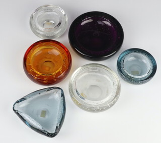 A Whitefriars Glass circular dish 15cm,  4 others and a triangular ditto 