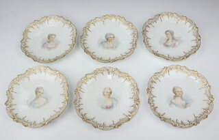 Six 19th Century Sevres cabinet plates the gilt scroll rims enclosing portraits of ladies signed C Maglin (with blue empty Royal cypher) 23cm 