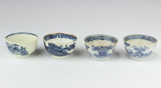 Four 18th Century English blue and white tea bowls in the Chinese manner 