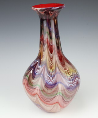 A mid-Century Studio Glass vase with swirling bands colours, with elongated neck and red interior 35cm 