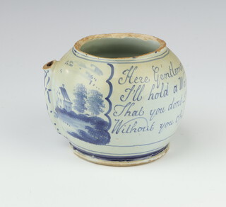 An early 19th Century Delft pot decorated with buildings and inscription 10cm 