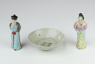 An 18th Century Provincial blue and white dish 12cm, 2 late 19th Century Chinese porcelain figures of a standing lady and gentleman 13cm 