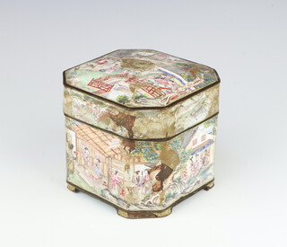 A 19th Century Chinese octagonal enamelled box and cover decorated with figures on pavilion balconies at pursuits 12cm 