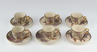 Six early 20th Century Japanese Satsuma cups and saucers decorated with figures amongst flowering wisteria, character mark to base 