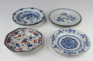 An 18th Century Chinese blue and white octagonal plate decorated with vases of flowers and koro 23cm (cracked), a ditto decorated with flowers (chipped), another with garden view (chipped), ditto floral decoration (chipped and cracked), a bowl with birds amongst flowers (stuck), ditto with garden view (chipped) and an octagonal Imari shallow dish decorated with flowers (riveted)