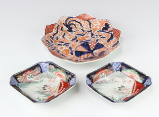 A 19th Century Imari plate decorated with flowers 24cm, a pair of Japanese Imari dishes decorated with river scape views 17cm  