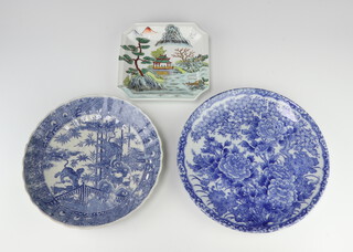 A 20th Century Chinese octagonal plate decorated with an extensive landscape with pavilions and figures 21cm, 2 Japanese transfer plates 28cm and 30cm 