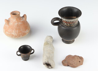 A Roman style painted jug 13cm, a miniature ditto cup 4cm, an earthenware vase 8cm, a figure (stuck) 14cm and a lid 7cm 