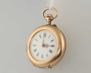 An Edwardian yellow metal 14k lady's fob watch with enamelled dial 27mm