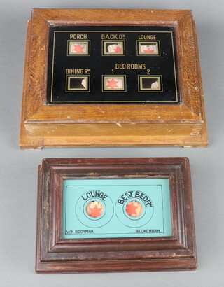 A 6 aperture servants indicator bell board - porch, back door, lounge, dining room, bedroom one and two 9cm x 33cm x 27cm and 1 other by W H Boorman of Beckenham - lounge and best bedroom 8cm x 26cm x 18cm 