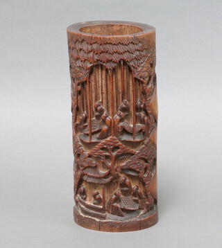 A 19th Century carved bamboo brush pot decorated figures 24cm x 10cm 