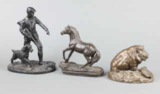 After Jole, a limited edition bronzed figure of a seated pig "Waiting" 10cm, a figure of a standing horse on an oval base 14cm and a Game Keeper 19cm 