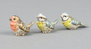 An Austrian cold painted bronze figure of a Robbin 2.5cm and 2 ditto Blue Tits 2.5cm 