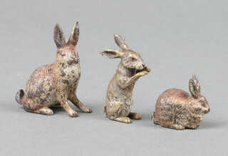 An Austrian cold painted bronze figure of a seated hare 4cm, ditto 3.5cm and a rabbit 2cm 