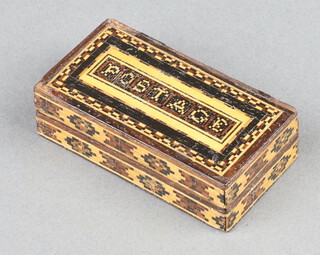 A Victorian rectangular Tunbridge Ware stamp box, lid marked Postage Stamps 2cm h x 6cm w x 3cm d 