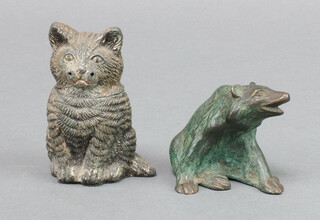 A verdigris bronze figure of a seated bear 6cm x 6cm x 5cm together with a 19th Century cast metal match case in the form of a seated cat 8cm 