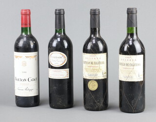 A bottle of 1988 Baron Phillipe Mouton-Cadet bordeaux, a bottle of 1997 Castillo de Calatrava, ditto 2000 and a bottle of Cuvee Eugenie red wine 