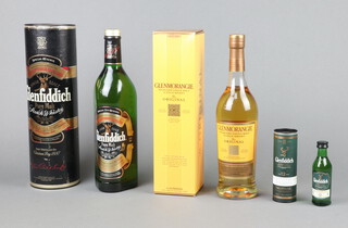 A litre bottle of Glenfiddich Special Old Reserve Malt whisky in presentation tube, a 70cl bottle of Glenmorangie malt whisky "The Original" boxed  and a 5cl 50ml miniature of Glenfiddich Single Highland malt whisky 