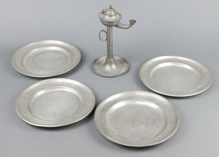 Five 18th Century Continental pewter plates 22cm with contact marks together with 2 19th Century pewter whale oil lamps 19cm x 12cm