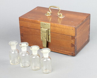 Eighteen 19/20th Century glass pharmacy bottles contained in a mahogany brass banded case with hinged lid 12cm h x 25cm w x 18cm d 