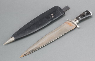 An Indian double bladed dagger with 23cm blade, horn grip and leather scabbard 