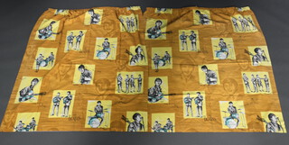 A pair of yellow 1960's "The Beatles" curtains, decorated John, Paul, George and Ringo with pinched pleat tops,  118cm x 212cm 