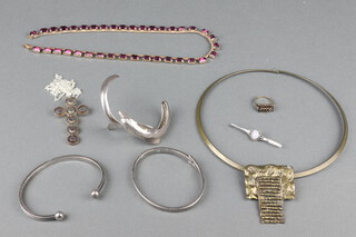 A silver dolphin bangle, 2 others and a collection of costume jewellery 